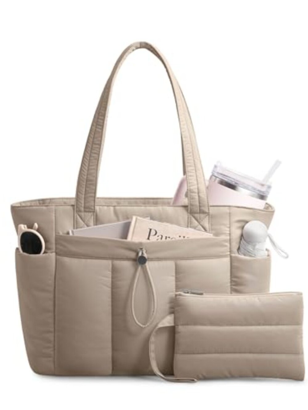Quilted Puffer Tote Bag with Laptop Sleeve, Cup Holder & Trolley Sleeve for